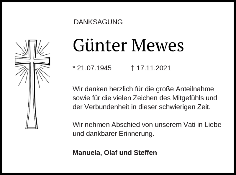  Traueranzeige für Günter Mewes vom 23.12.2021 aus Pasewalker Zeitung