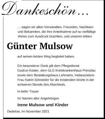 Traueranzeige von Günter Mulsow von Prenzlauer Zeitung