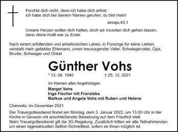 Traueranzeige von Günther Vohs von Neubrandenburger Zeitung