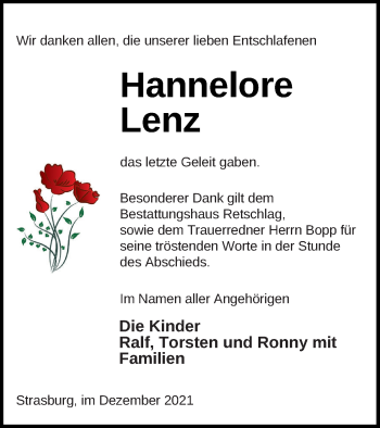 Traueranzeige von Hannelore Lenz von Pasewalker Zeitung