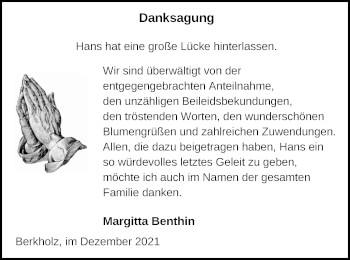 Traueranzeige von Hans Benthin von Prenzlauer Zeitung