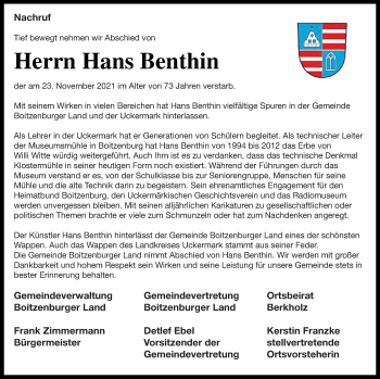 Traueranzeige von Hans Benthin von Templiner Zeitung