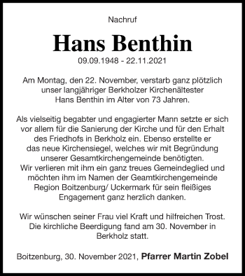 Traueranzeige von Hans Benthin von Templiner Zeitung