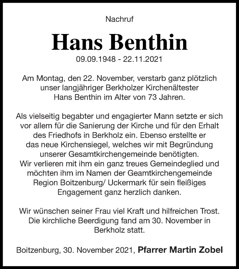  Traueranzeige für Hans Benthin vom 03.12.2021 aus Templiner Zeitung