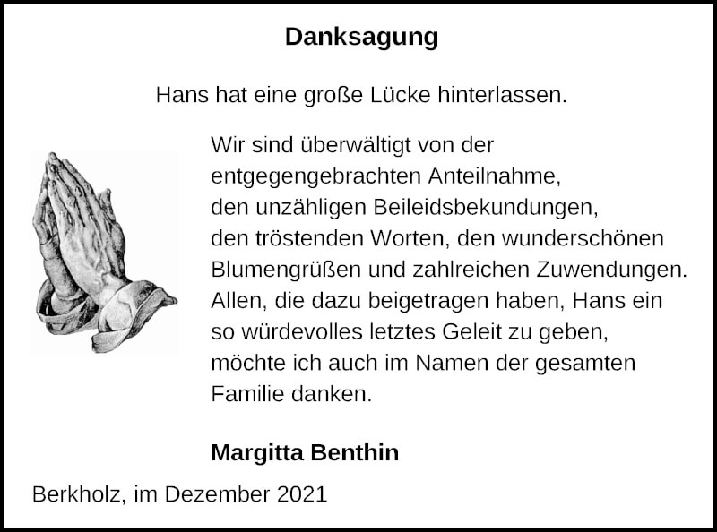  Traueranzeige für Hans Benthin vom 11.12.2021 aus Prenzlauer Zeitung