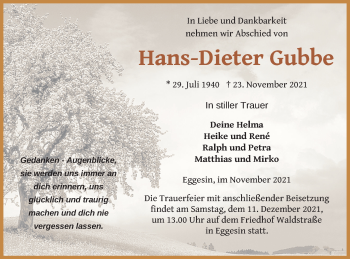 Traueranzeige von Hans-Dieter Gubbe von Haff-Zeitung