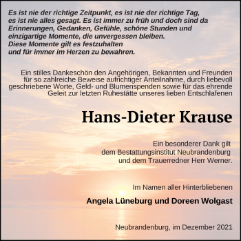 Traueranzeige von Hans-Dieter Krause von Neubrandenburger Zeitung