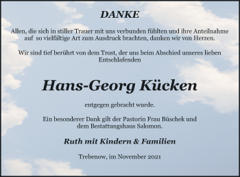 Traueranzeige von Hans-Georg Kücken von Pasewalker Zeitung