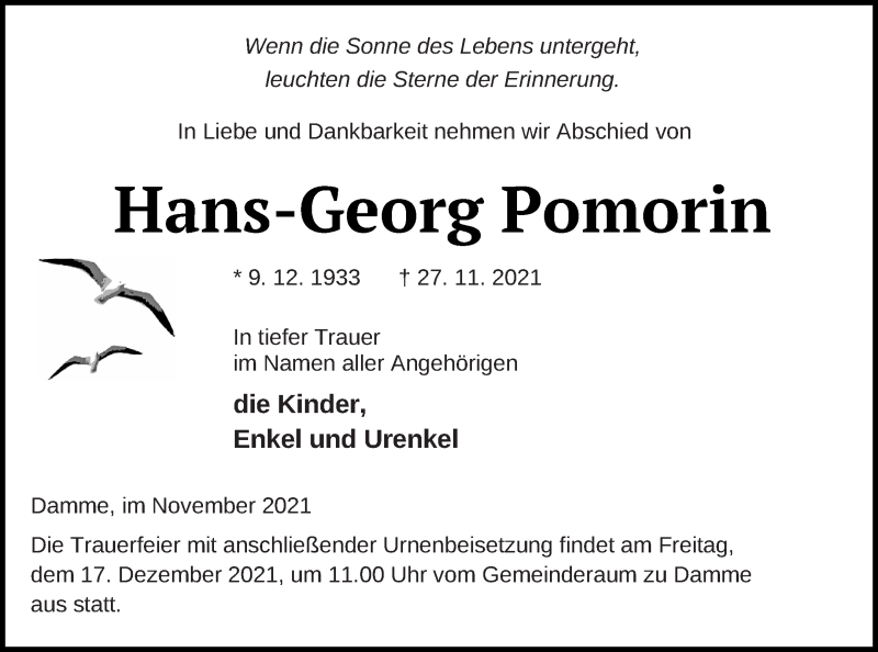  Traueranzeige für Hans-Georg Pomorin vom 04.12.2021 aus Prenzlauer Zeitung