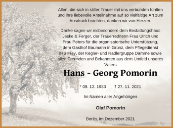 Traueranzeige von Hans-Georg Pomorin von Prenzlauer Zeitung