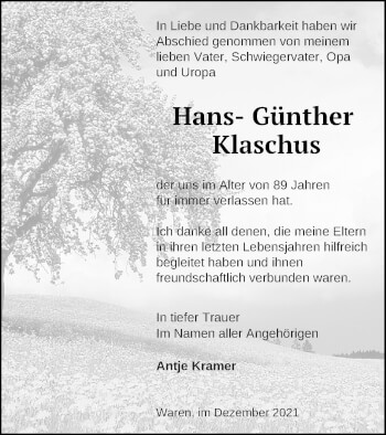 Traueranzeige von Hans-Günther Klaschus von Demminer Zeitung
