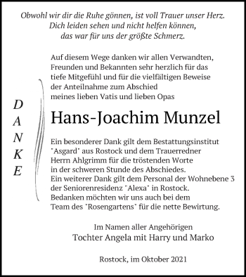 Traueranzeige von Hans-Joachim Munzel von Pasewalker Zeitung