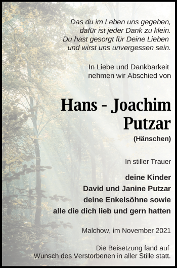 Traueranzeige von Hans-Joachim Putzar von Müritz-Zeitung