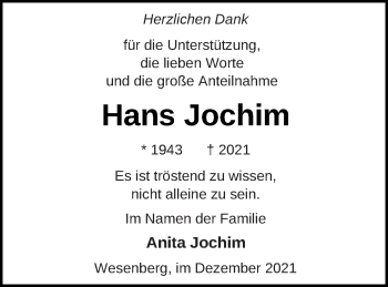 Traueranzeige von Hans Jochim von Strelitzer Zeitung