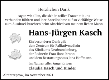 Traueranzeige von Hans-Jürgen Kasch von Neubrandenburger Zeitung