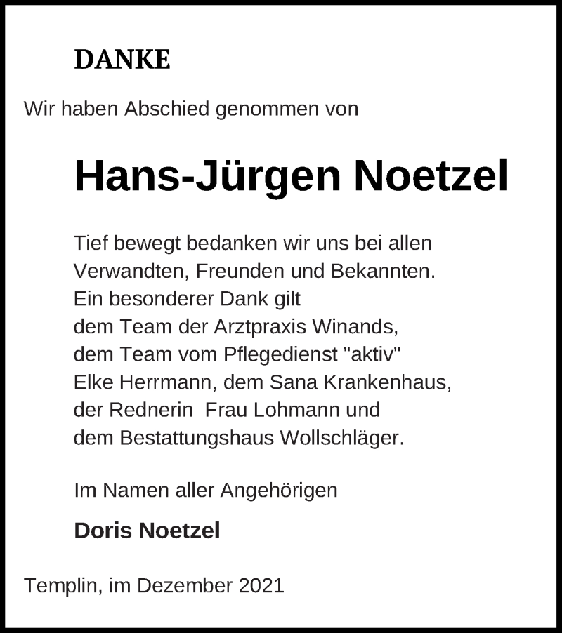  Traueranzeige für Hans-Jürgen Noetzel vom 29.12.2021 aus Templiner Zeitung
