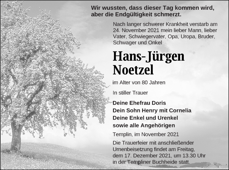  Traueranzeige für Hans-Jürgen Noetzel vom 01.12.2021 aus Templiner Zeitung