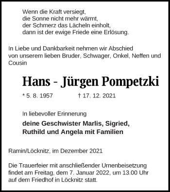 Traueranzeige von Hans-Jürgen Pompetzki von Pasewalker Zeitung