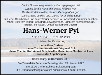 Traueranzeige von Hans-Werner Pyl von Templiner Zeitung