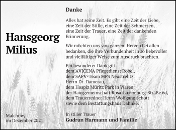 Traueranzeige von Hansgeorg Milius von Müritz-Zeitung