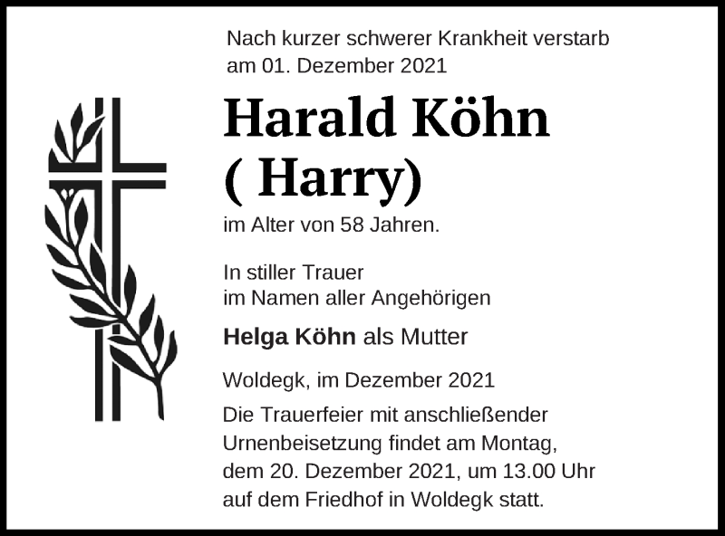  Traueranzeige für Harald Köhn vom 10.12.2021 aus Strelitzer Zeitung