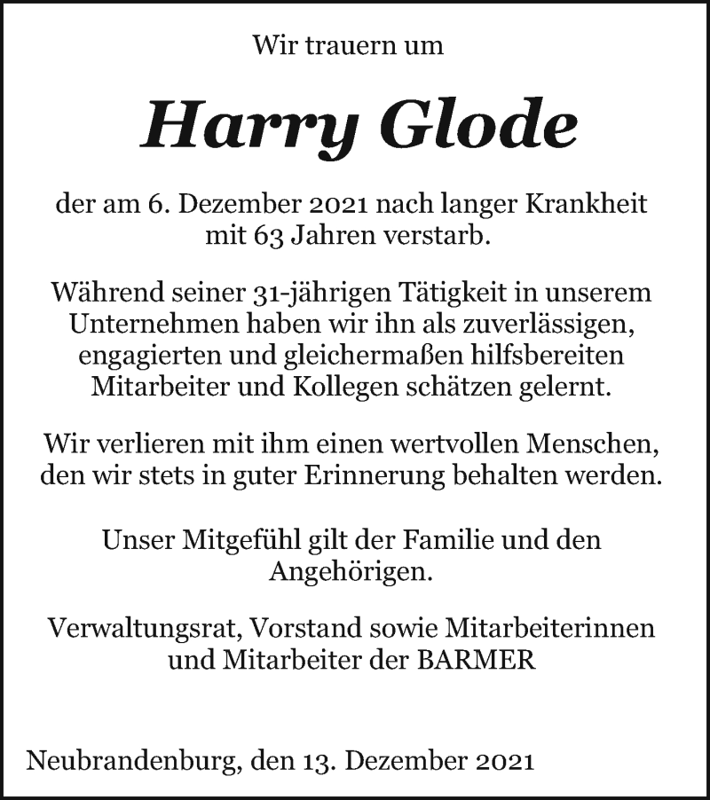  Traueranzeige für Harry Glode vom 15.12.2021 aus Pasewalker Zeitung