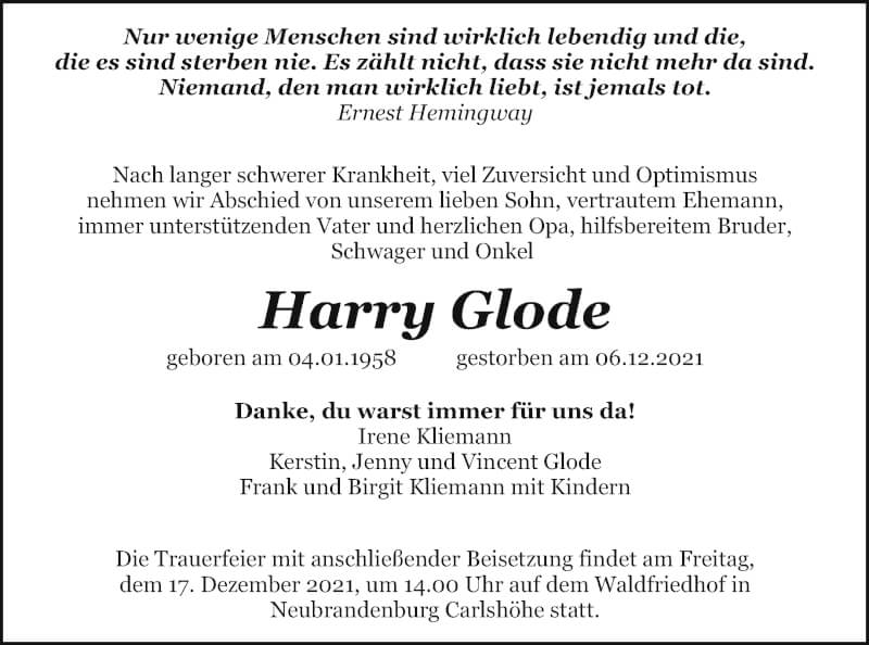  Traueranzeige für Harry Glode vom 11.12.2021 aus Pasewalker Zeitung