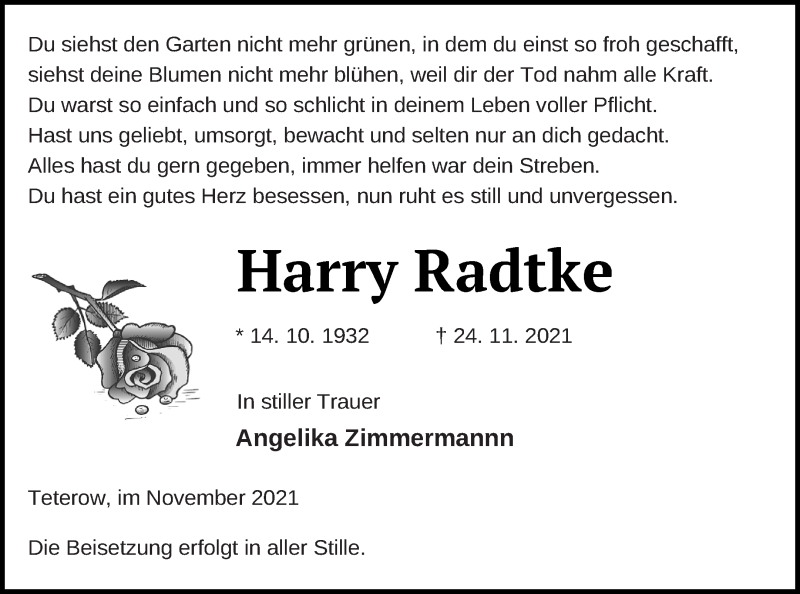  Traueranzeige für Harry Radtke vom 01.12.2021 aus Mecklenburger Schweiz