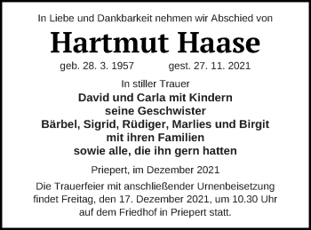 Traueranzeige von Hartmut Haase von Strelitzer Zeitung