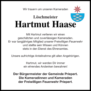 Traueranzeige von Hartmut Haase von Strelitzer Zeitung