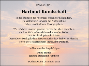 Traueranzeige von Hartmut Kundschaft von Vorpommern Kurier