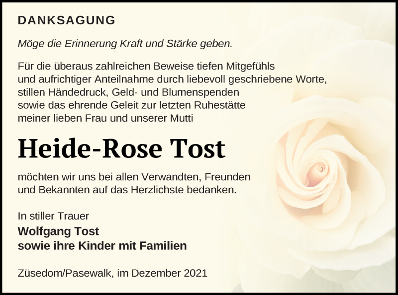  Traueranzeige für Heide-Rose Tost vom 18.12.2021 aus Pasewalker Zeitung