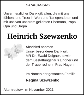 Traueranzeige von Heinrich Szewzenko von Neubrandenburger Zeitung