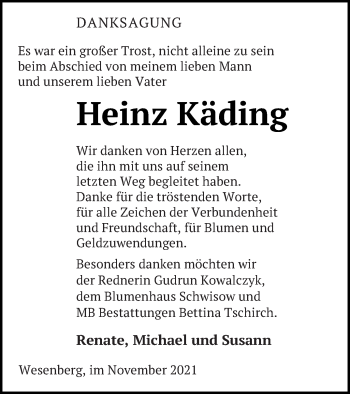 Traueranzeige von Heinz Käding von Strelitzer Zeitung