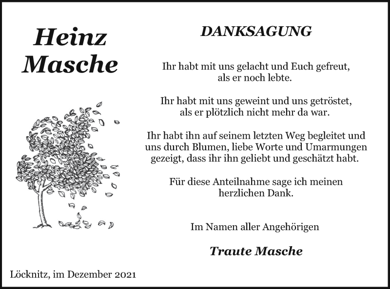  Traueranzeige für Heinz Masche vom 18.12.2021 aus Pasewalker Zeitung