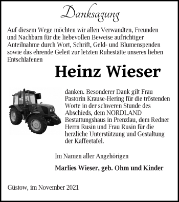 Traueranzeige von Heinz Wieser von Prenzlauer Zeitung