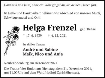 Traueranzeige von Helga Frenzel von Neubrandenburger Zeitung