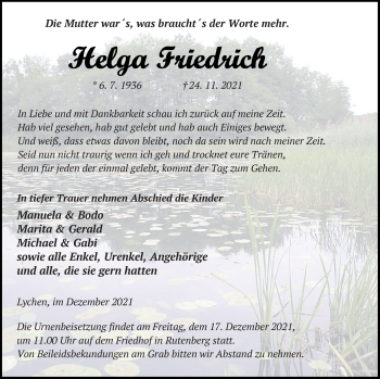 Traueranzeige von Helga Friedrich von Templiner Zeitung