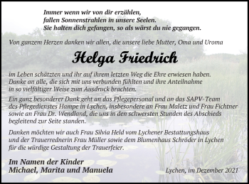 Traueranzeige von Helga Friedrich von Templiner Zeitung