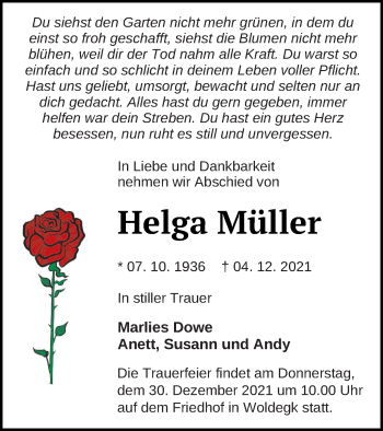 Traueranzeige von Helga Mülle von Strelitzer Zeitung