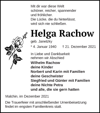 Traueranzeige von Helga Rachow von Mecklenburger Schweiz