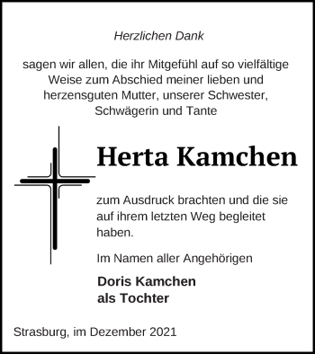 Traueranzeige von Herta Kamchen von Pasewalker Zeitung