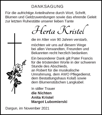 Traueranzeige von Herta Kristel von Mecklenburger Schweiz