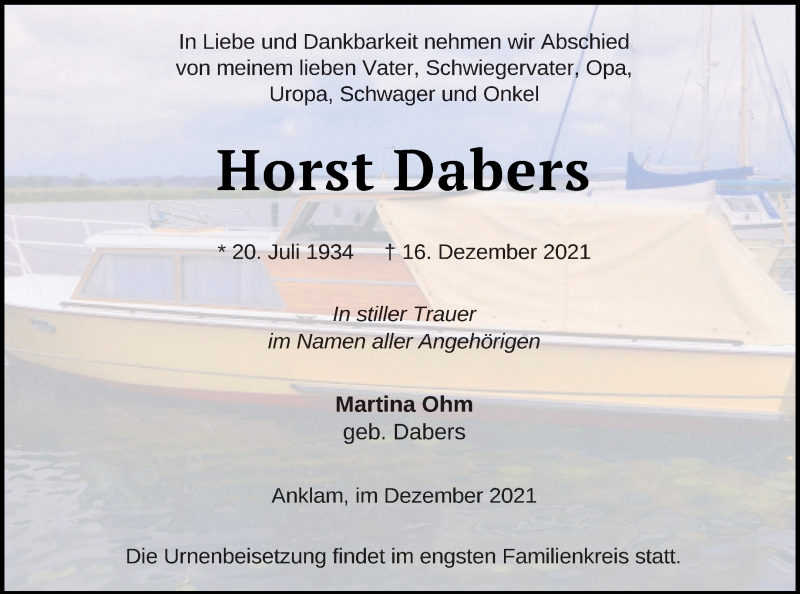  Traueranzeige für Horst Dabers vom 31.12.2021 aus Vorpommern Kurier