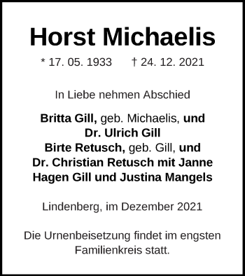 Traueranzeige von Horst Michaelis von Strelitzer Zeitung