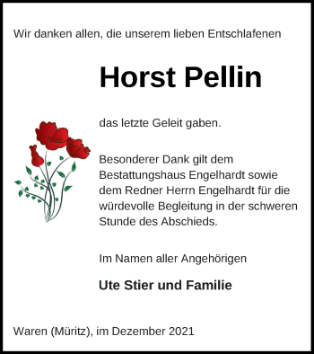 Traueranzeige von Horst Pellin von Müritz-Zeitung