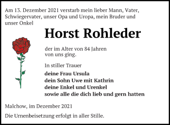 Traueranzeige von Horst Rohleder von Müritz-Zeitung