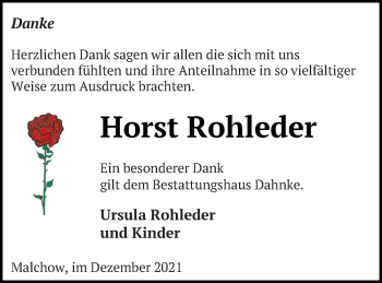 Traueranzeige von Horst Rohleder von Müritz-Zeitung