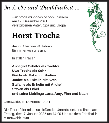 Traueranzeige von Horst Trocha von Templiner Zeitung