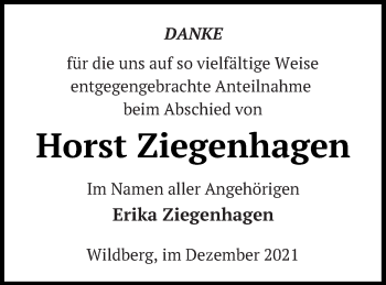 Traueranzeige von Horst Ziegenhagen von Neubrandenburger Zeitung